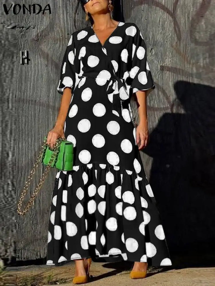 Boho Printed Maxi Dress - Plus Size V-neck Long Sleeve Polka Dot Sundress with Belt