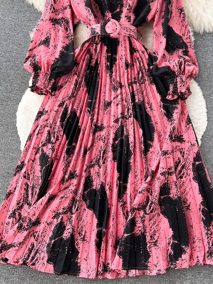 Vintage Printed Pleated Dress - Women's Size D2038