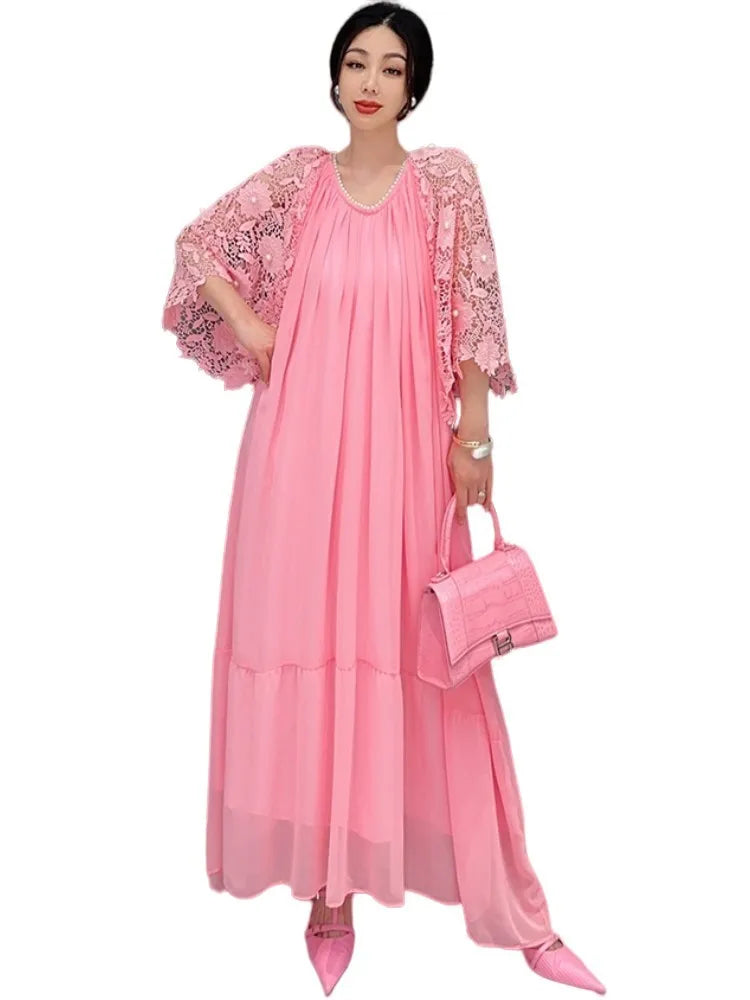 2024 Summer Korean Lace Pleated Dress - Pink, Show Slim, Short Sleeve - QING MO ZXF2631