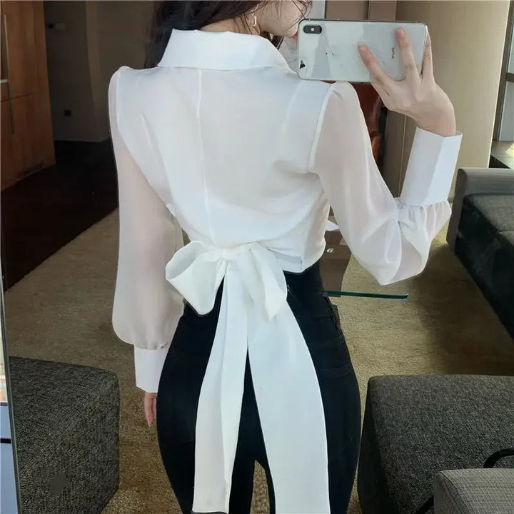 2023 Women's V-Neck Bow Crop Top - Elegant White Chiffon Blouse for Slim Waist