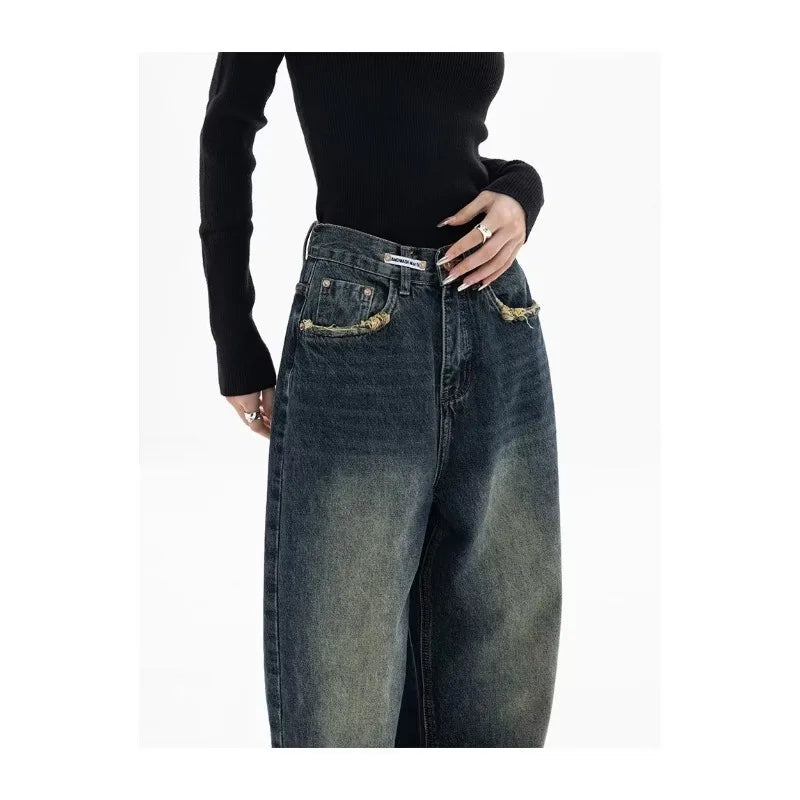 Retro Korean Baggy Jeans - High Waisted Straight Leg Denim Pants