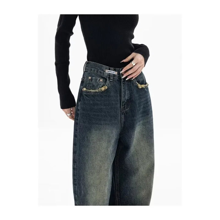 Retro Korean Baggy Jeans - High Waisted Straight Leg Denim Pants