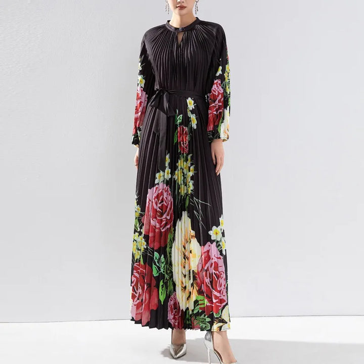 2024 Miyake High End Printed Pleated Dress - Long Formal with Waist Tie Up