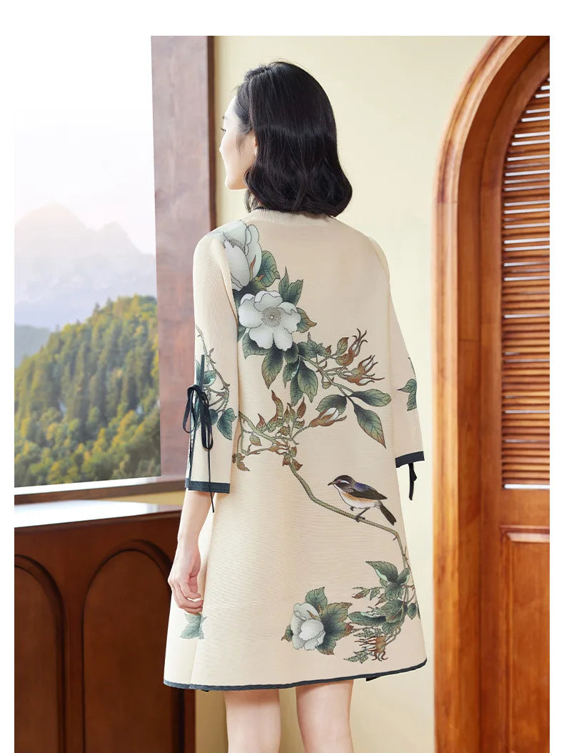 2024 Spring Chinese Style Dress: Pleated Print, High-end Fashion for Moms, Plus Size