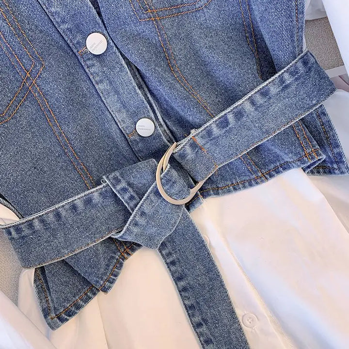 Stylish Denim Patchwork Shirt for Women - Casual & Chic Commute Blouse with Sashes