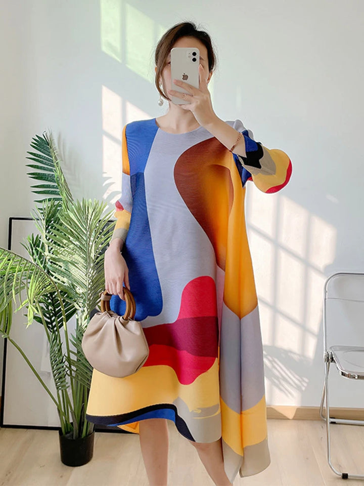 Miyake Pleated Contrast Color Dress Women's Round Neck Loose Irregular Printing Dresses Female 2023 Autumn Summer Prom Dresses