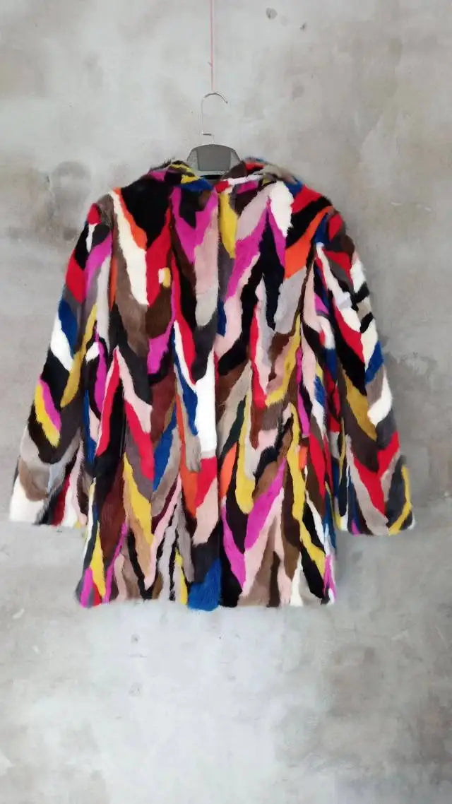 Genuine real natural mink fur coat with hood women's fashion multi-color colorfull warm winter waistcoats custom any size