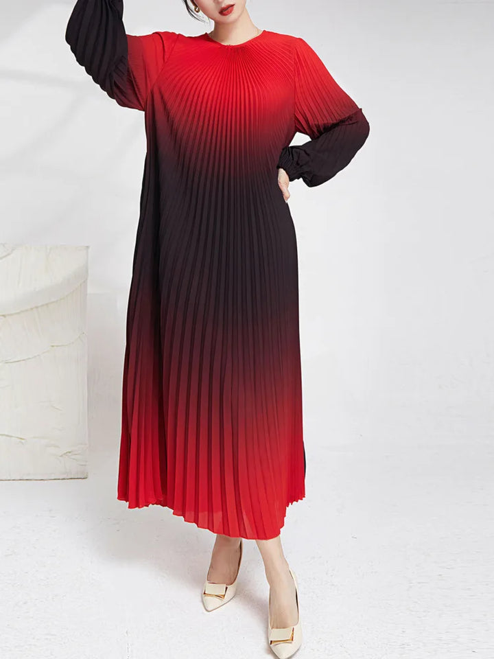 LANMREM Elegant Gradient Pleated Dress - A-line, Long Sleeves, Round Neck, Spring 2024