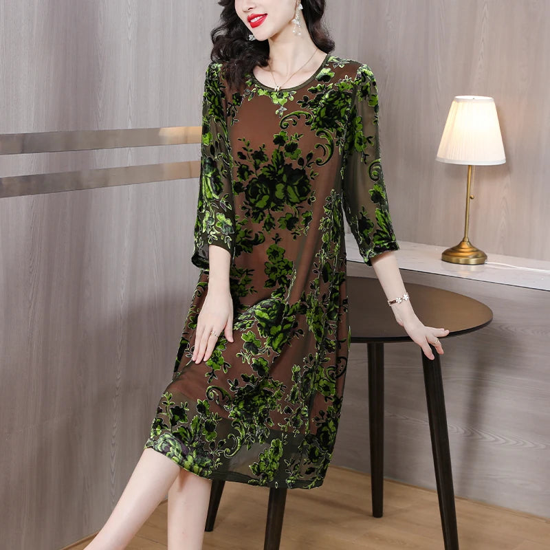 Vintage Silk Velvet Dress for Women | Autumn 2023 Collection | Round Neck, 3/4 Sleeves, Loose Fit | Casual Holiday Vestidos