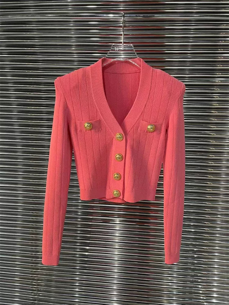 Vintage Button V-Neck Cardigan Sweater - Elegant & Stretchy for Ladies