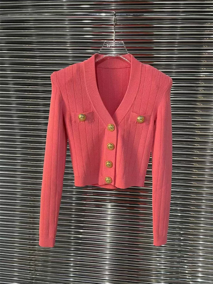 Vintage Button V-Neck Cardigan Sweater - Elegant & Stretchy for Ladies