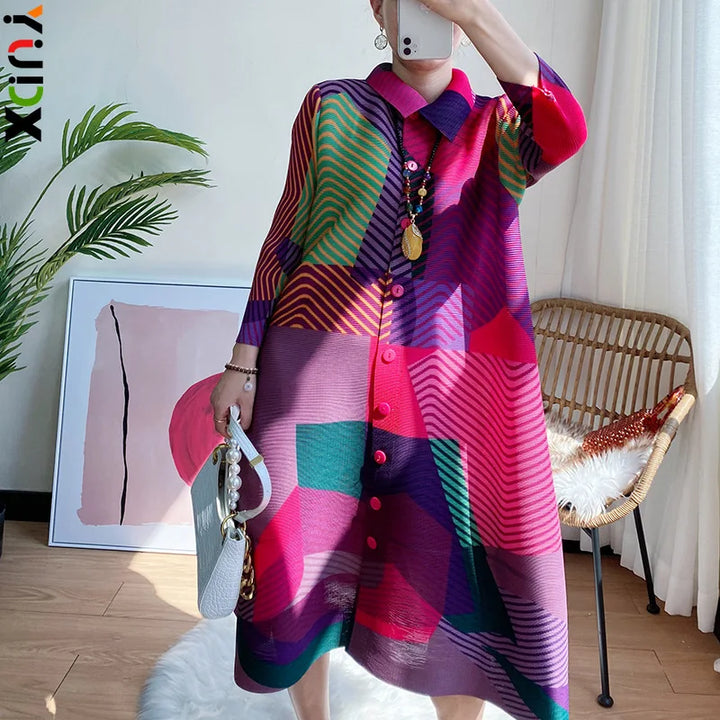 Stylish YUDX Miyake Printed Dress - Perfect for Spring & Autumn!