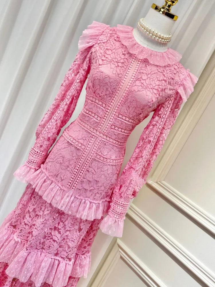 Elegant High Waist Lace Dress - Chic Ruffles, Long-sleeve, Hollow Out - Autumn/Winter 2023