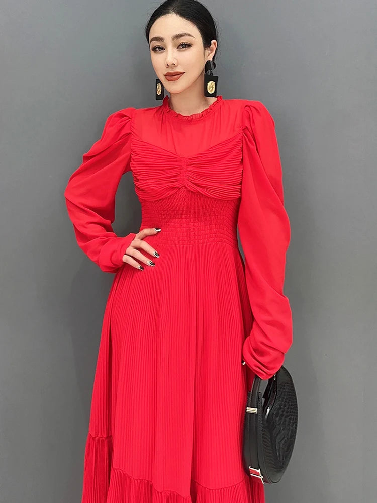 Stunning SHENGPALAE Red Dress - 2024 Spring/Summer Fashion - Large Hem & Pleated - Beautiful & Elegant - Sizes Up to 5XL