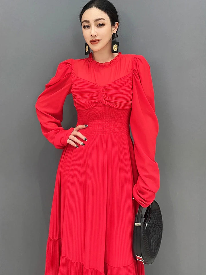 Stunning SHENGPALAE Red Dress - 2024 Spring/Summer Fashion - Large Hem & Pleated - Beautiful & Elegant - Sizes Up to 5XL