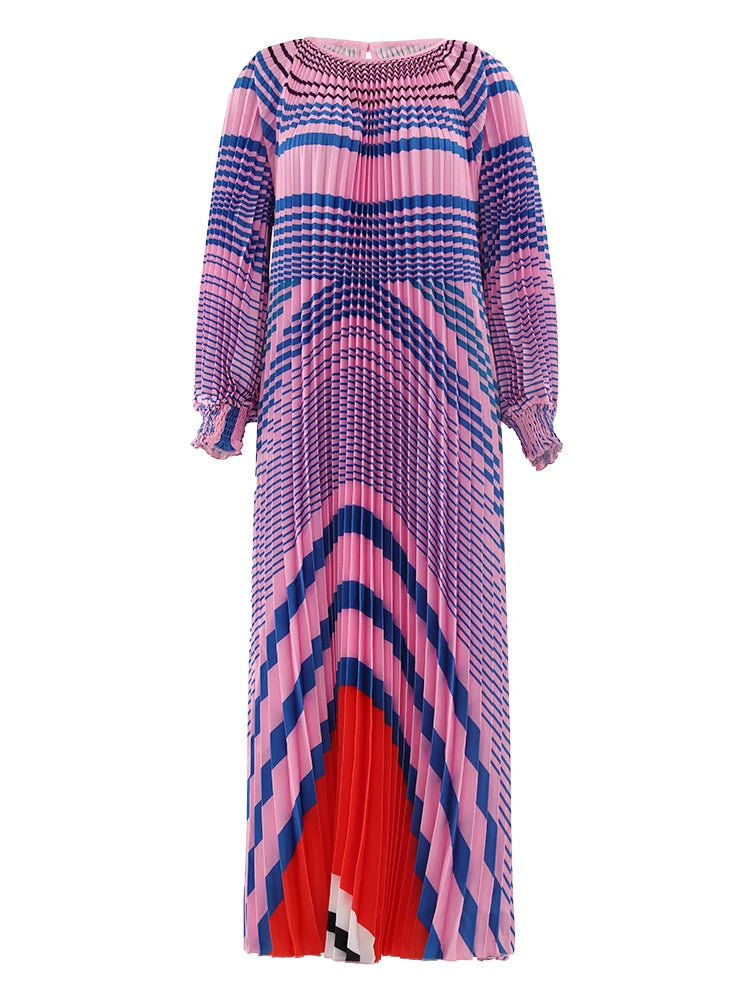 LANMREM Striped Print Pleated Dress