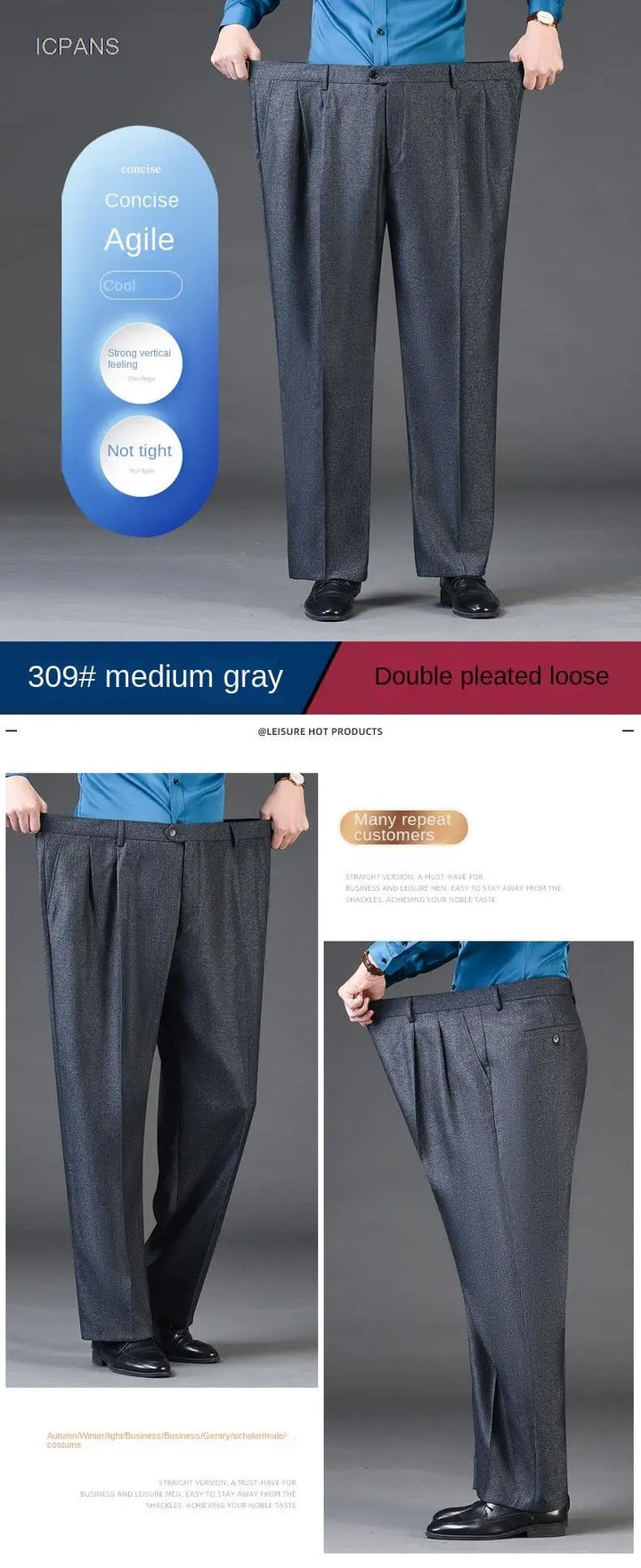 Men's Double Pleated Dress Pants - High Waist, Loose Fit, Business Casual - Autumn/Winter