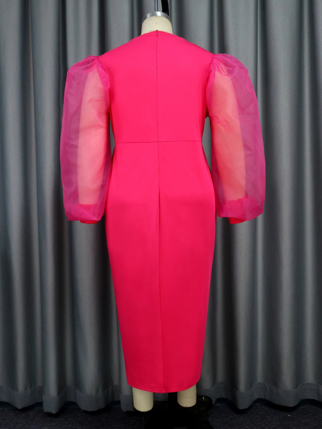 Plus Size Midi Party Dress with Tulle Patchwork and Lantern Sleeves for Women - Perfect for Birthdays and Events!