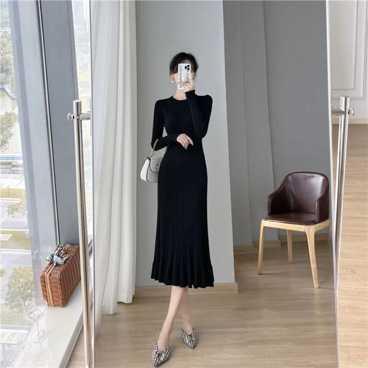 Korean Fashion Midi Dress - Solid Black/White - Sizes S-2XL - High Quality & Affordable