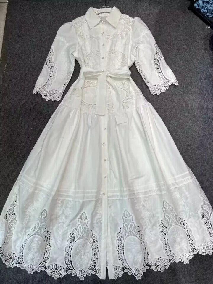 Stunning 2023 Autumn Dress - High Quality, Hollow Out, Turn-down Collar, Red/Black/White