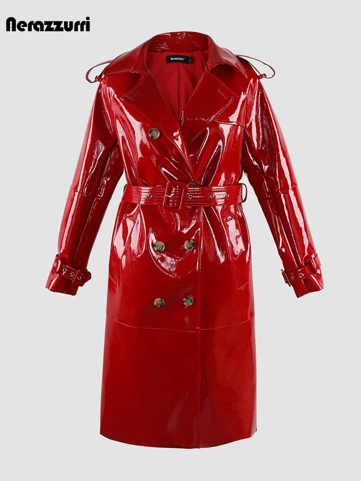 Luxury Designer Trench Coat for Women - Shiny Black/Red Patent PU Leather - Double Breasted - 2023