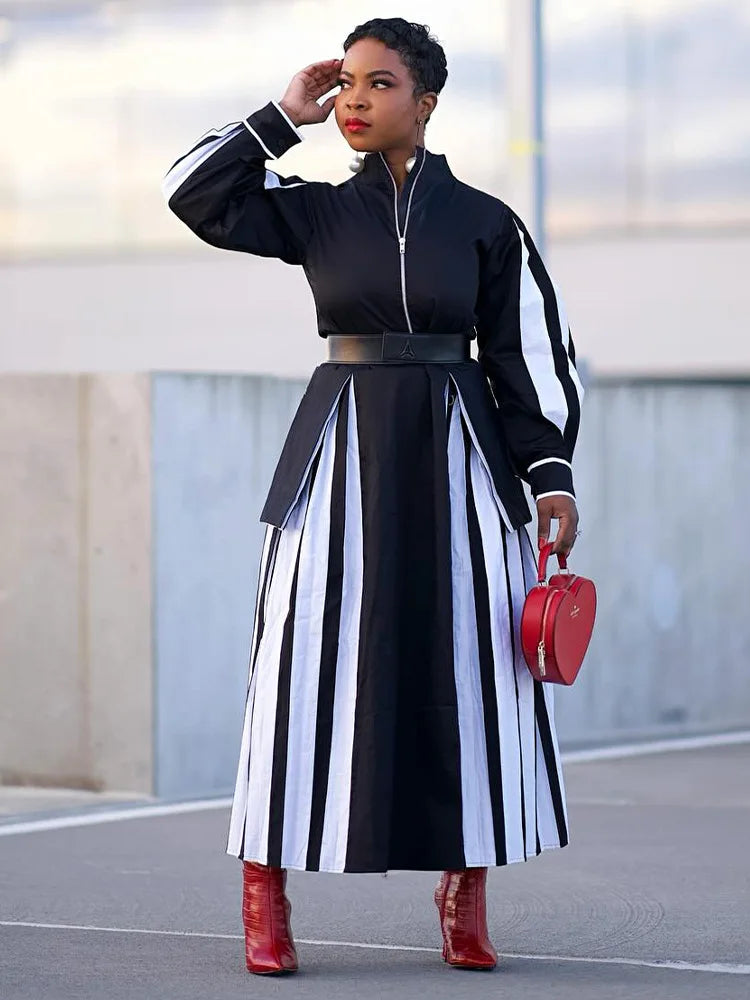 Stripe Maxi Dress with Ruffle Hem & Lantern Sleeves - Spring/Autumn Party Evening Wear