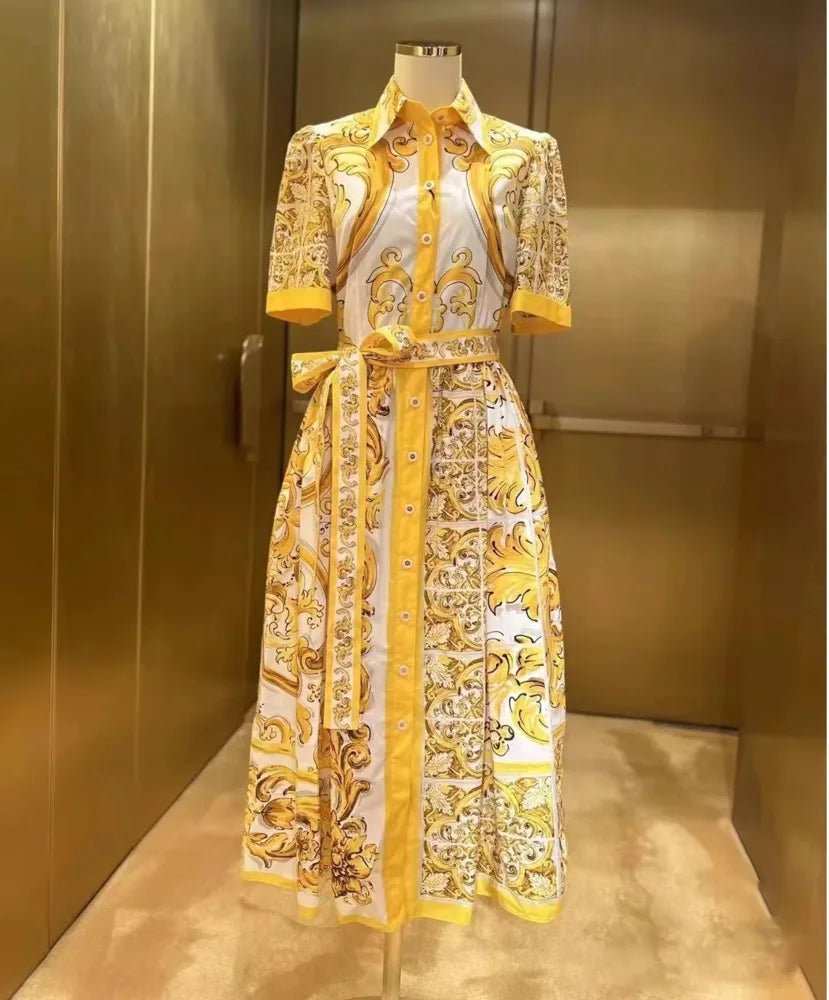 Golden Floral Midi Dress Shirt - Office Lady Must-Have