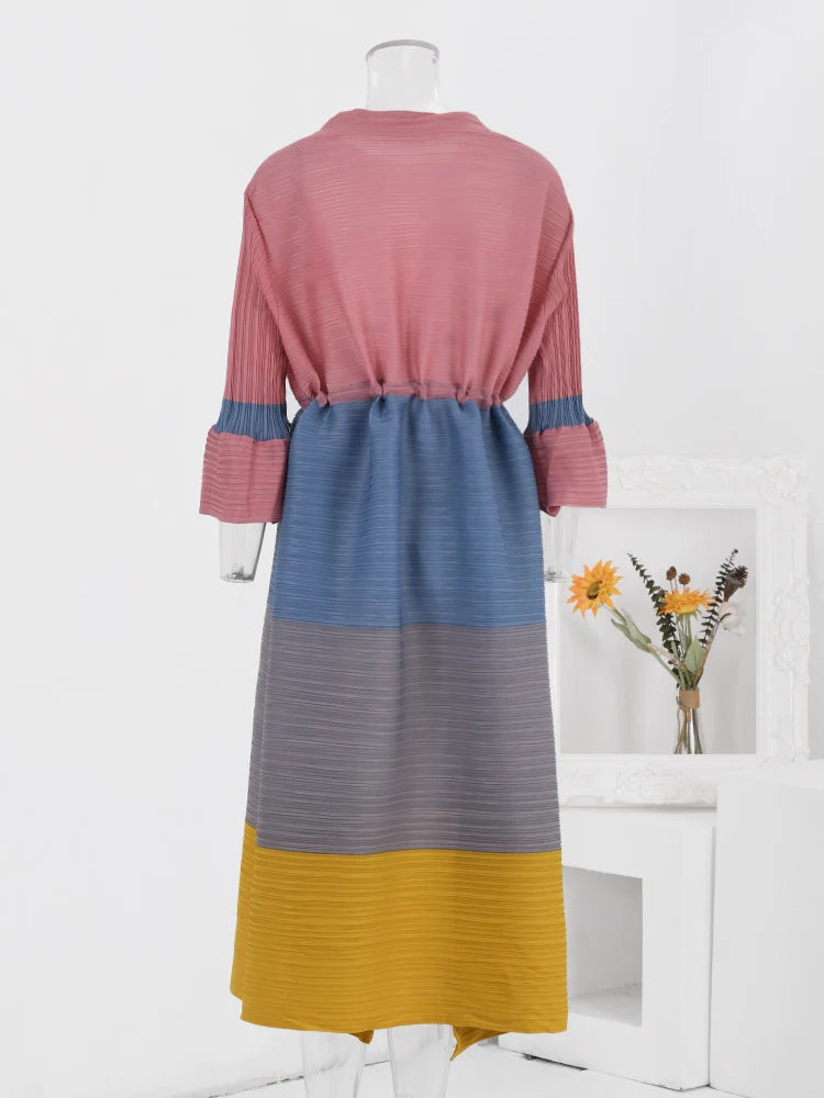 Stylish Color Block Pleated Dress for Women | Spring 2024 Fashion | Drawstring Waist | 32C511