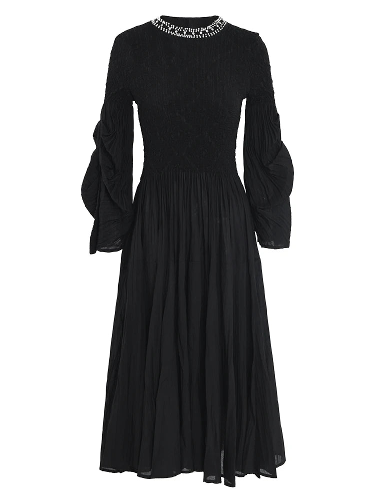 LANMREM 2024 Fashion Party Pleated Dress Women Pearls Spliced Design Collar Long Sleeves Dresses Elegant Spring New 32C383