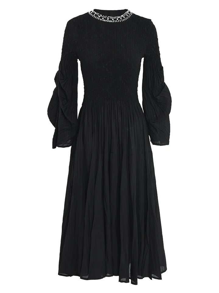 LANMREM 2024 Fashion Party Pleated Dress Women Pearls Spliced Design Collar Long Sleeves Dresses Elegant Spring New 32C383