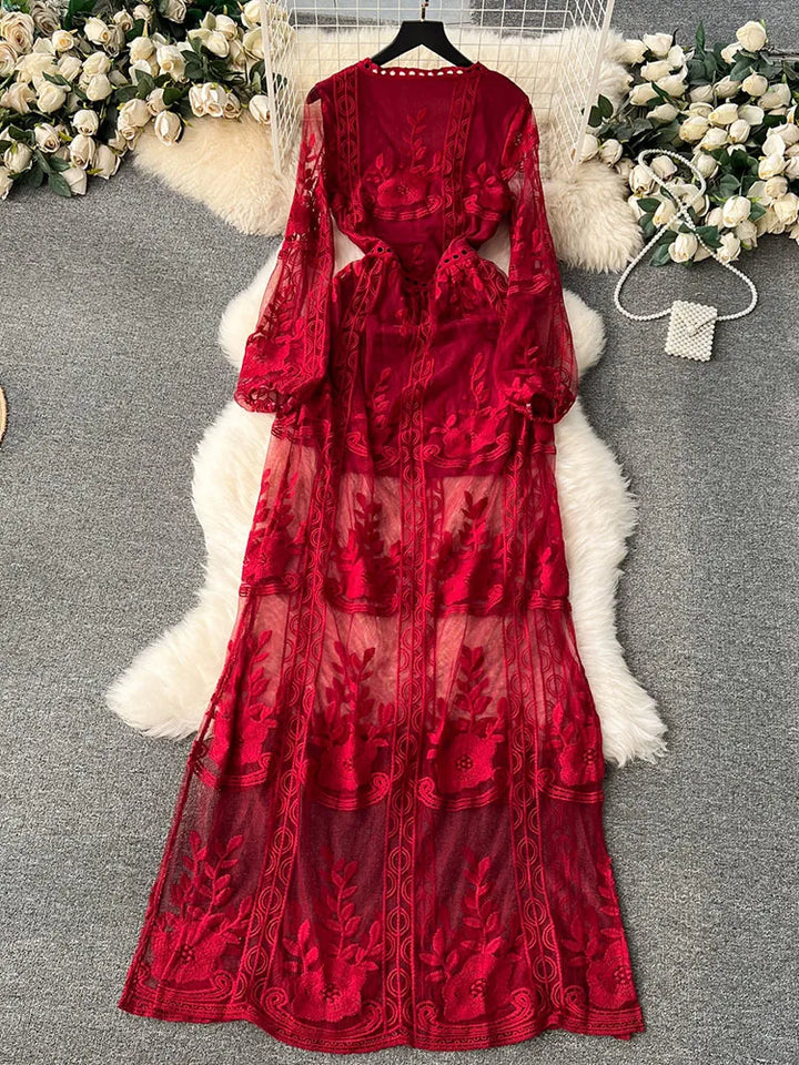 EWQ Embroidery Lace V-neck Color High Waist A-line Vestidos Sweet Style Fashion Women's Dress Winter Spring 2024 New