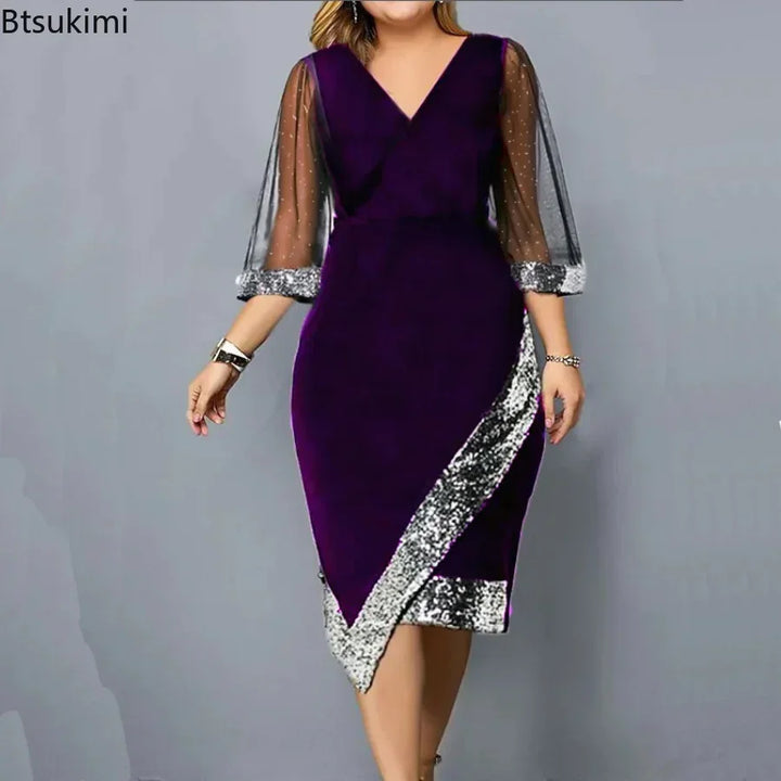 New 2024 Women's Casual Dress Golden Velvet Irregular Sequin Perspective Mesh Dress Female Oversized Fat Ladies Dress Vestidos