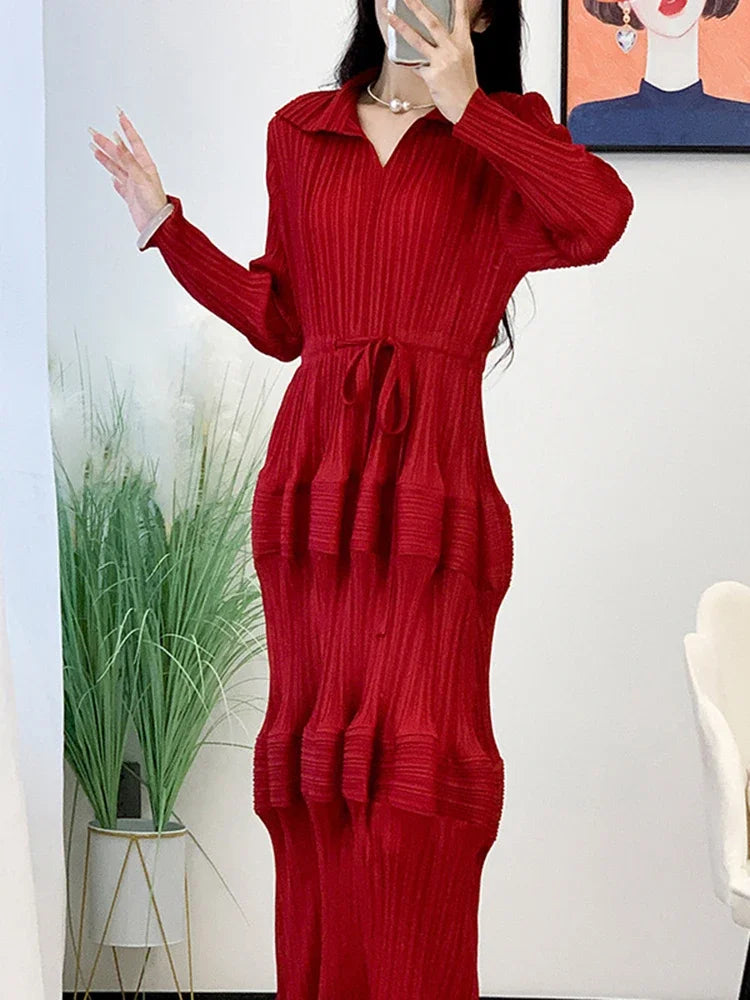 2024 Spring EGRM Maxi Dress - Pleated, Long Sleeves, Solid Color, Gathered Waist