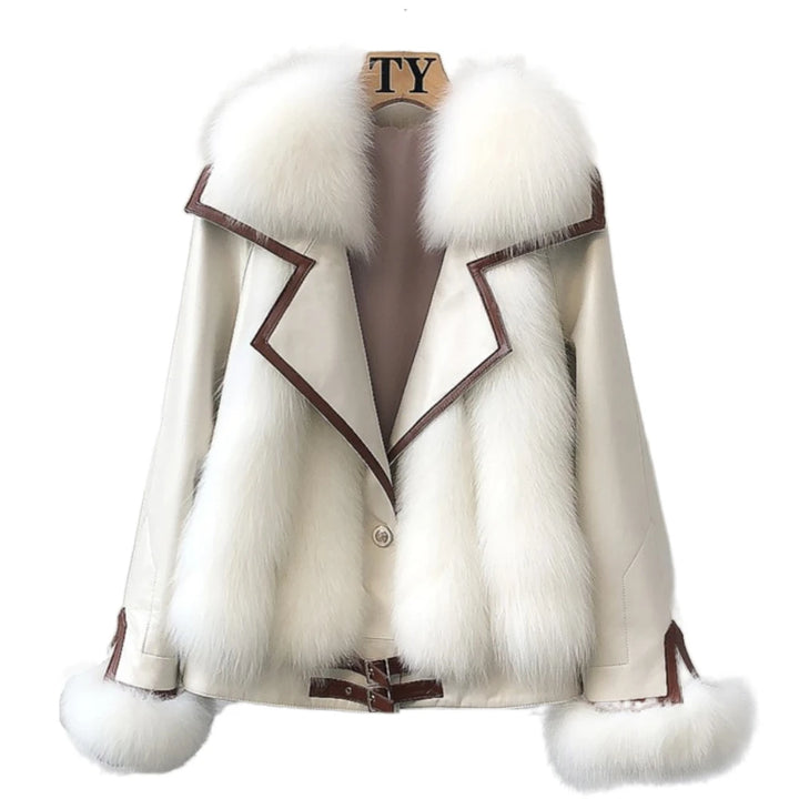 ZDFURS*High-End Imported Whole Leather Fox Fur Fur Coat Women's Short Haining New Motorcycle Sheepskin down Jacket Coat