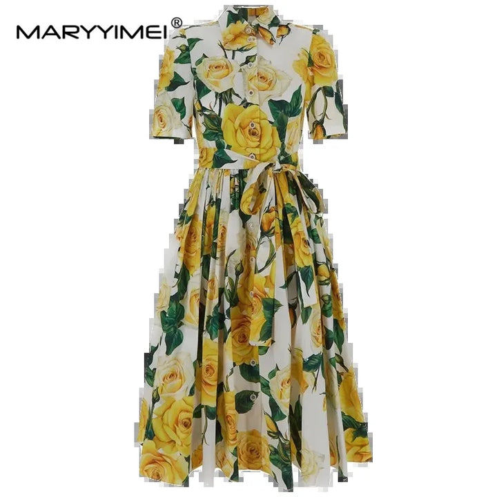 Upgrade Your Wardrobe with MARYYIMEI Yellow Rose Printed MIDI Dress - Slim-Fit, Lace-Up, and Single-Breasted!