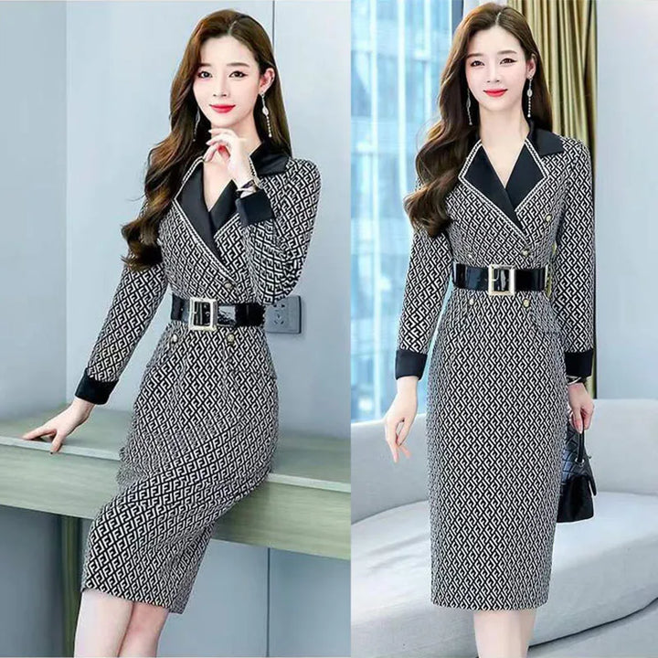 Vintage Notched Collar Belt Balzer Dress - Elegant Office Style for Autumn Parties