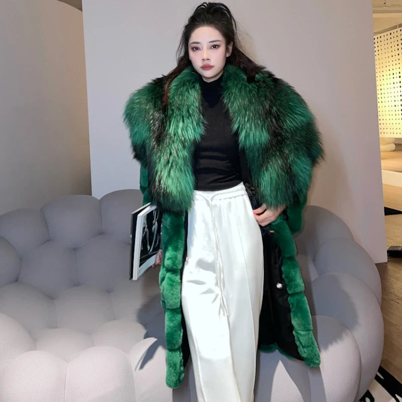 Hot Sales 2023 whole New Imported Light Luxury Fluffy Full Rex Rabbit Fur Jacket Raccoon Fur Collar mid-length Women Fur Coat