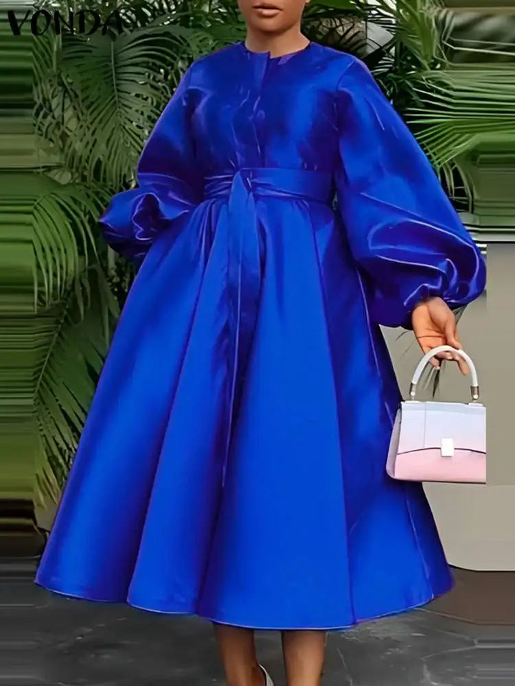 Elegant VONDA Satin Party Dress with Long Lantern Sleeves and Pleated Midi Skirt - Casual Loose Solid Robe with Belt