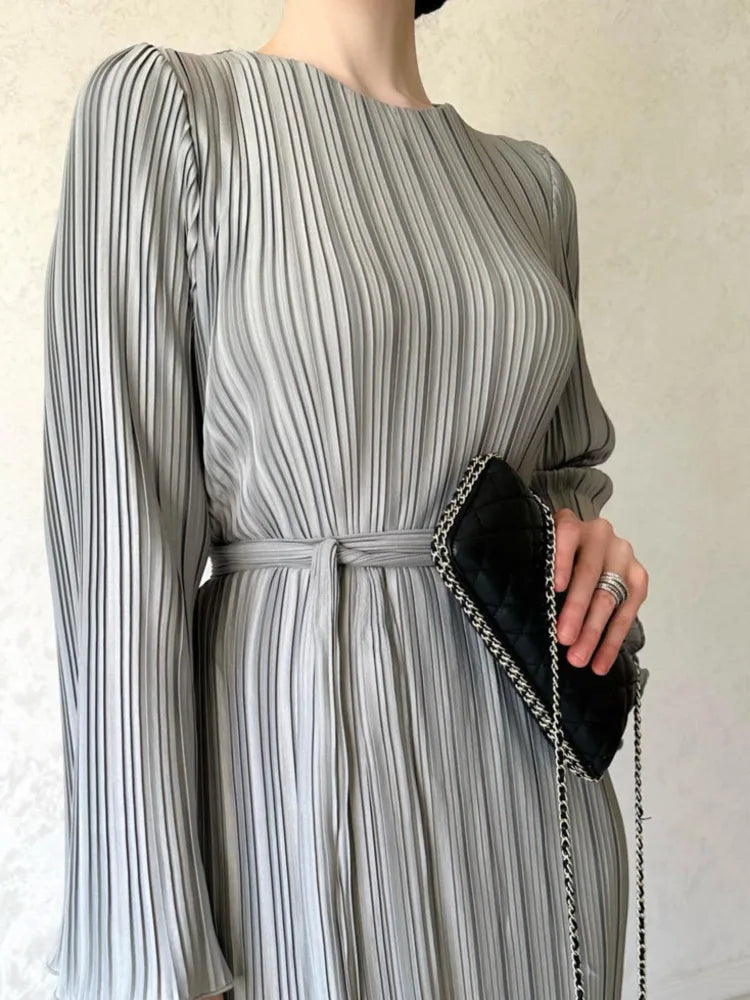 LANMREM Elegant Pleated Dress - Spring 2024 Collection - Sizes S-2XL - Solid Color - Party Dress