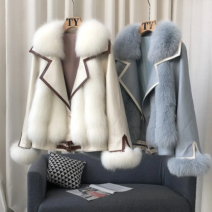 ZDFURS*High-End Imported Whole Leather Fox Fur Fur Coat Women's Short Haining New Motorcycle Sheepskin down Jacket Coat
