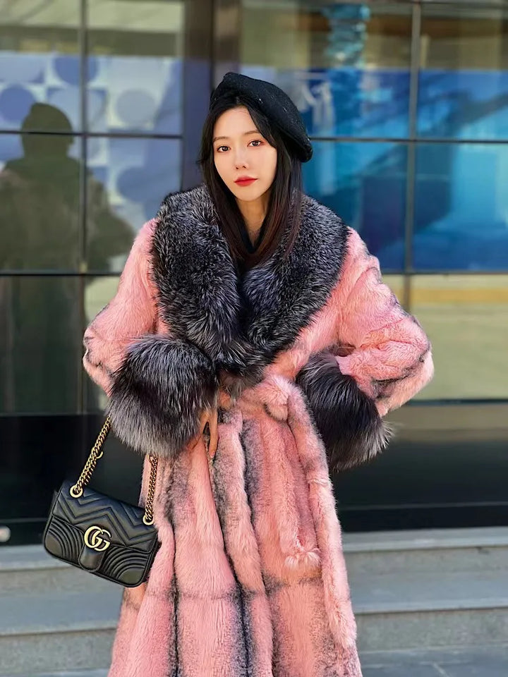 2023 Winter Hot Sales Genuine High-End Leather Whole Rabbit Fur Print Long Women's Fur Coat Fashion Style Fox Fur Warm Jacket