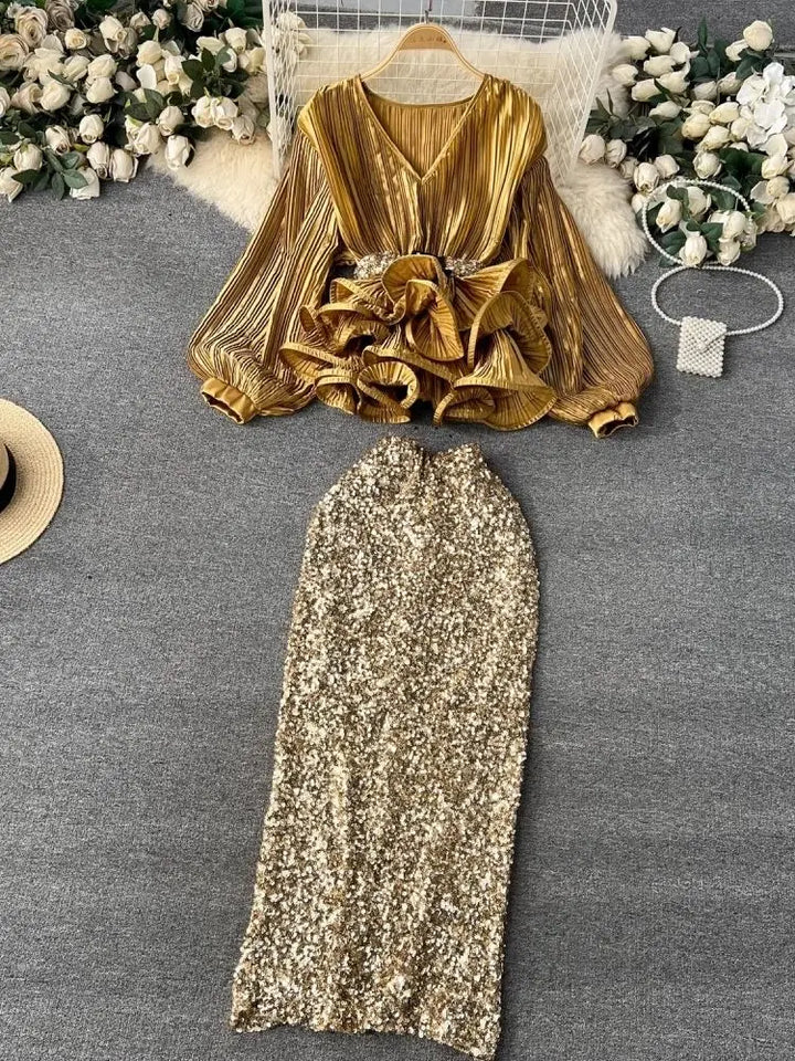 Sexy Club Luxury Sequined 2 Piece Set - V Neck Ruffles Top & Bodycon Skirt