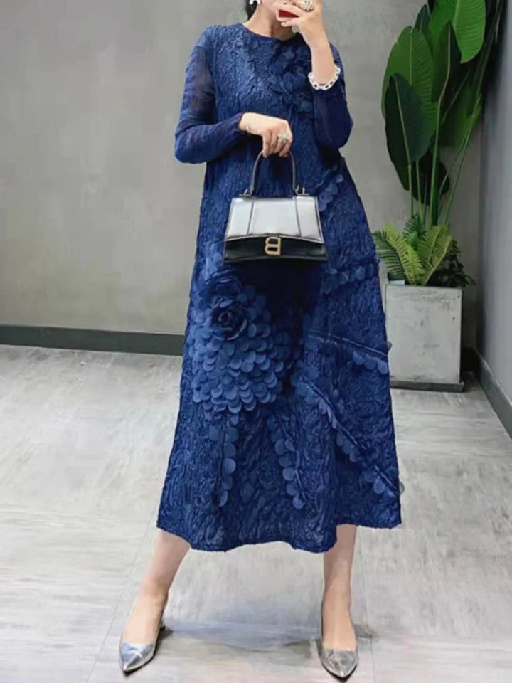 Elegant LANMREM Flower Dress for Women - Midi Pleated Round Neck, Long Sleeve, 2024 Summer Spring Festival Collection