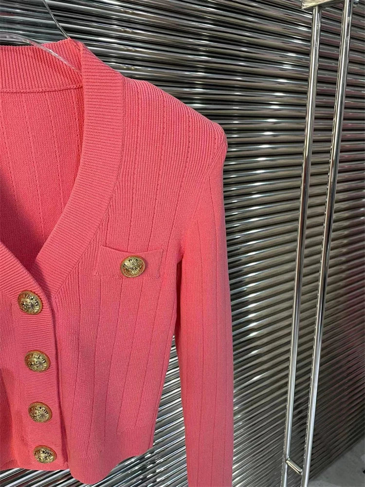 Vintage Button V-Neck Cardigan Sweater - Elegant & Stretchy for Ladies