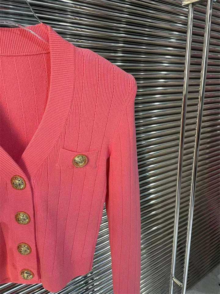 Vintage Button V-Neck Cardigan Sweater - Elegant & Stretchy for Ladies