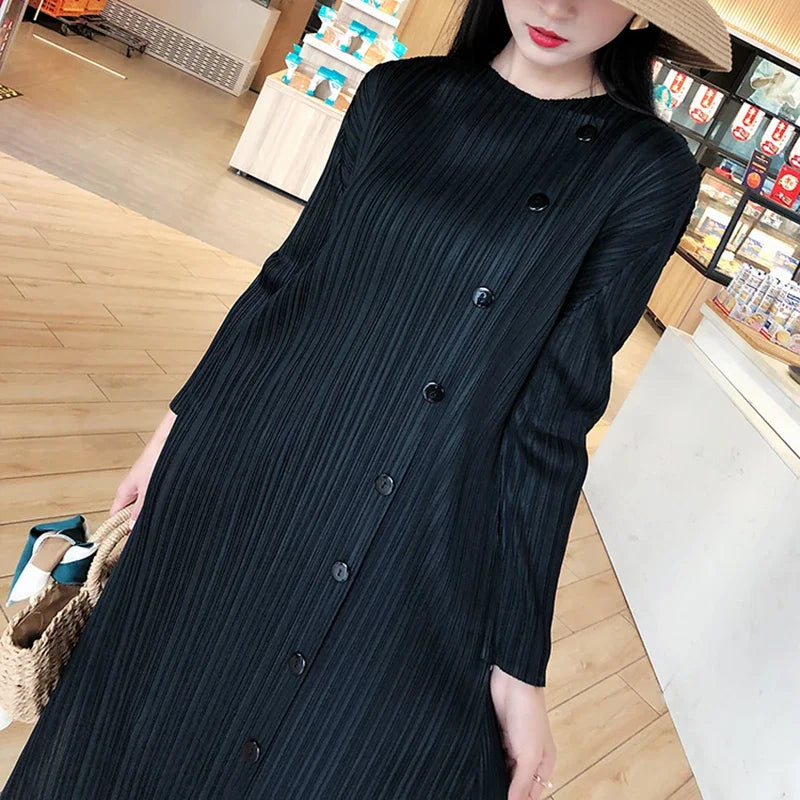 Elegant ALSEY Miyake Pleated Dress - Solid Color, Loose Fit, Long-sleeved - Sizes for Women 2024