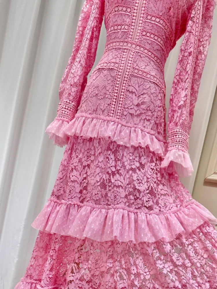 Elegant High Waist Lace Dress - Chic Ruffles, Long-sleeve, Hollow Out - Autumn/Winter 2023