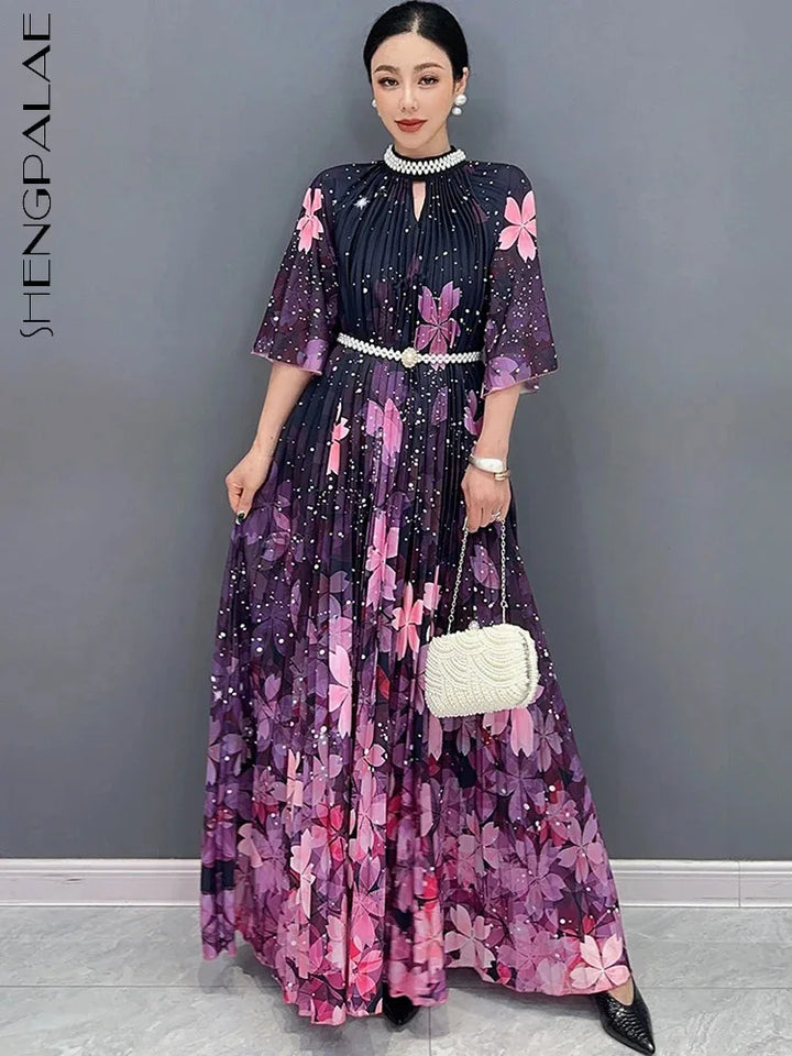 Stunning SHENGPALAE 2024 Spring Summer Women's Dress - Diamond Inlaid, Formal, Printed, Pleated, Large Hem!
