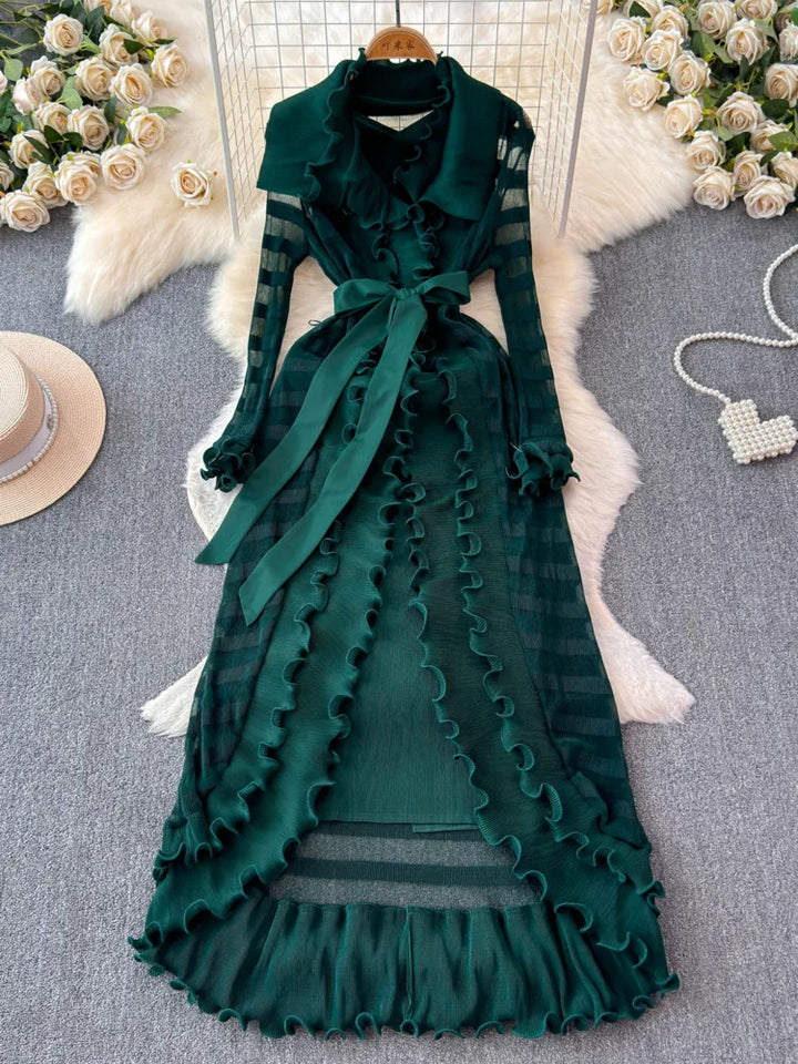 Lotus Leaf Edge Long Pleated Dress - Y2K Fashion SM11380