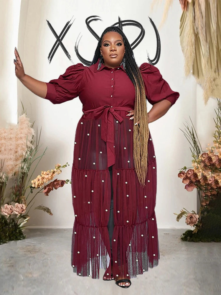 Sexy Mesh Dress with Pearls - Plus Size